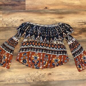 Billabong Tribal Floral Off-Shoulder Blouse in Brown and Black